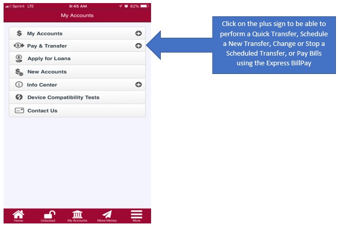 Step one on transferring money online, clicking the plus sign by pay and transfer