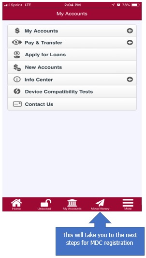 Graphic showing the first step in signing up for mobile deposit capture, clicking on the move money icon