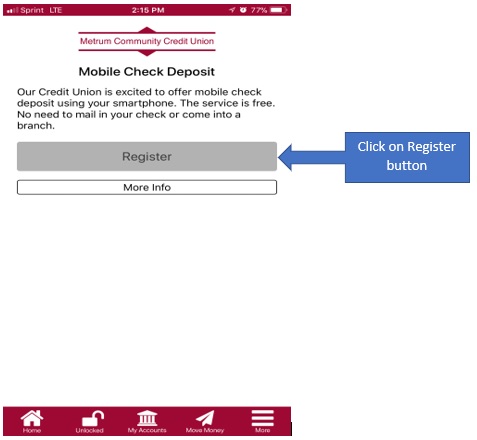 Graphic showing the third step in signing up for mobile deposit capture, clicking on the register button on the mobile check deposit page