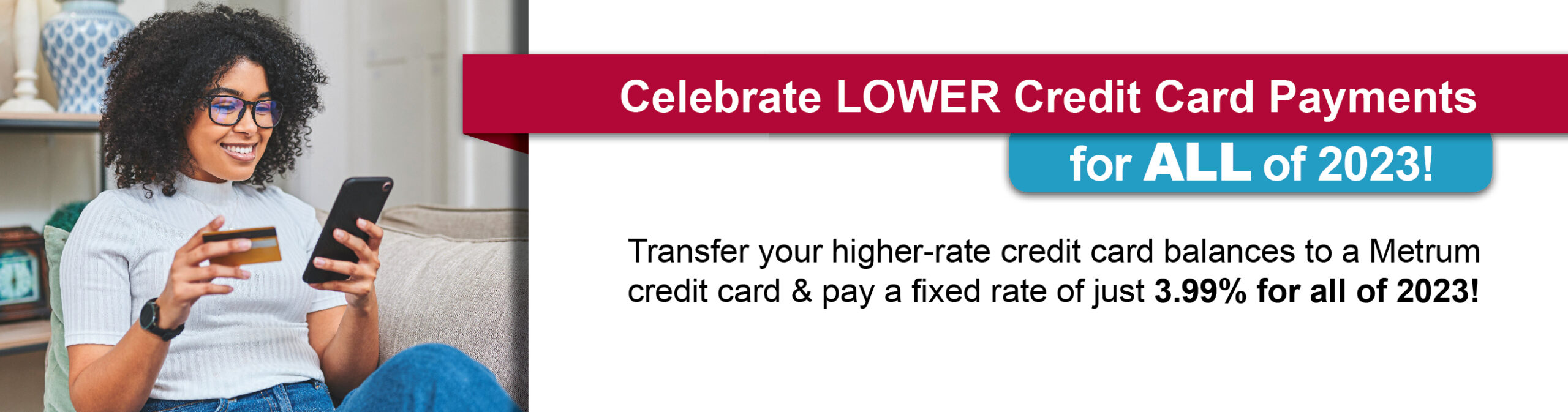 Banner image showing a reason to celebrate lower credit card payments for all of 2023.